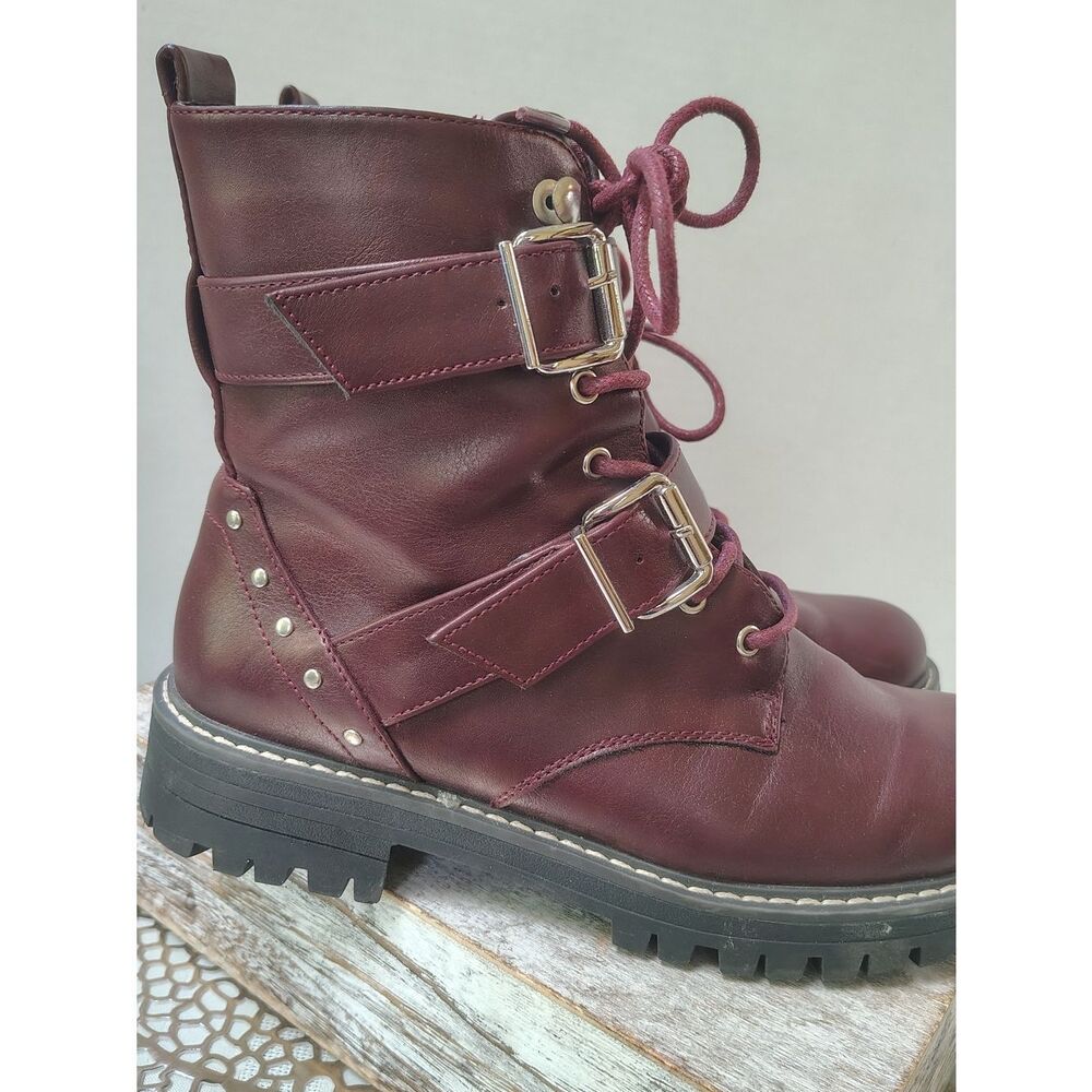 Women's Burgundy Lace-Up Buckle Combat Boots 7.5 M
